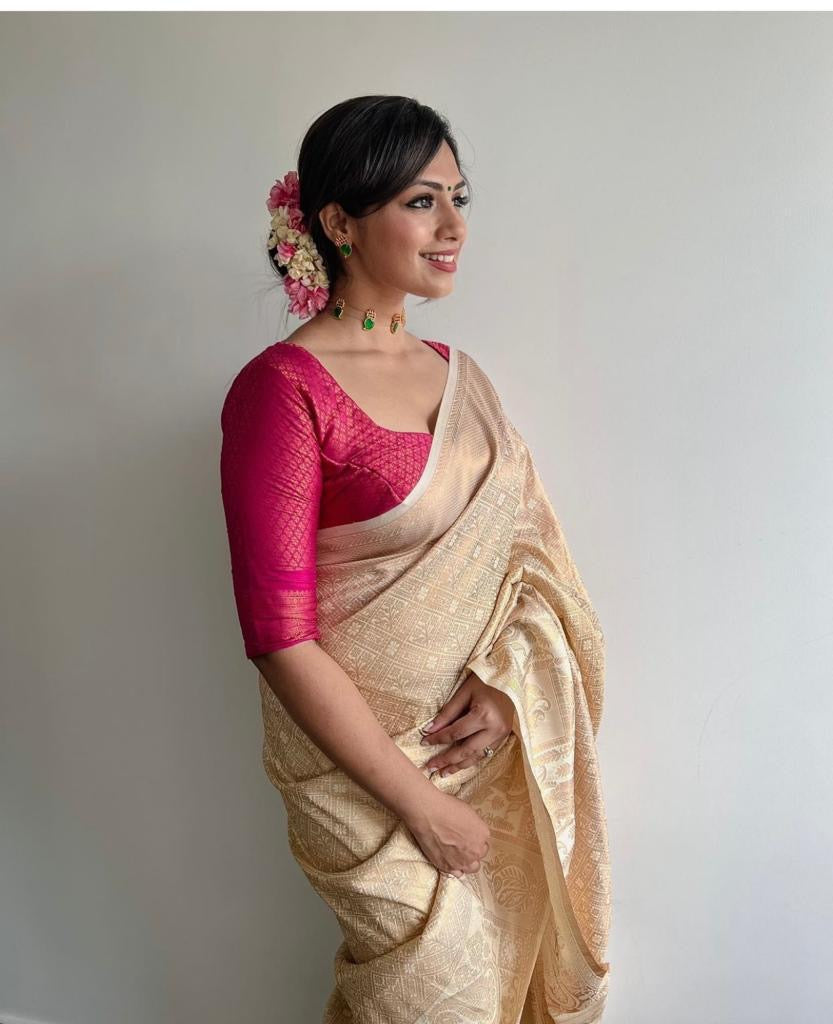Ivory Gold Kanjivaram Silk Saree