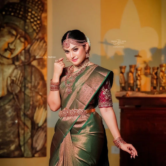 Emerald Green Kanjivaram Silk Saree with Antique Gold Zari Work