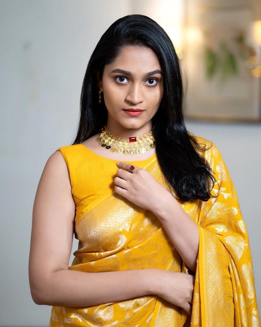 Sunshine Yellow Banarasi Silk Saree with Gold Floral Zari Weaving