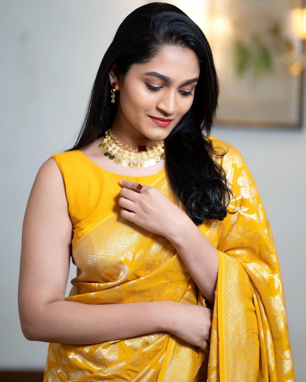 Sunshine Yellow Banarasi Silk Saree with Gold Floral Zari Weaving