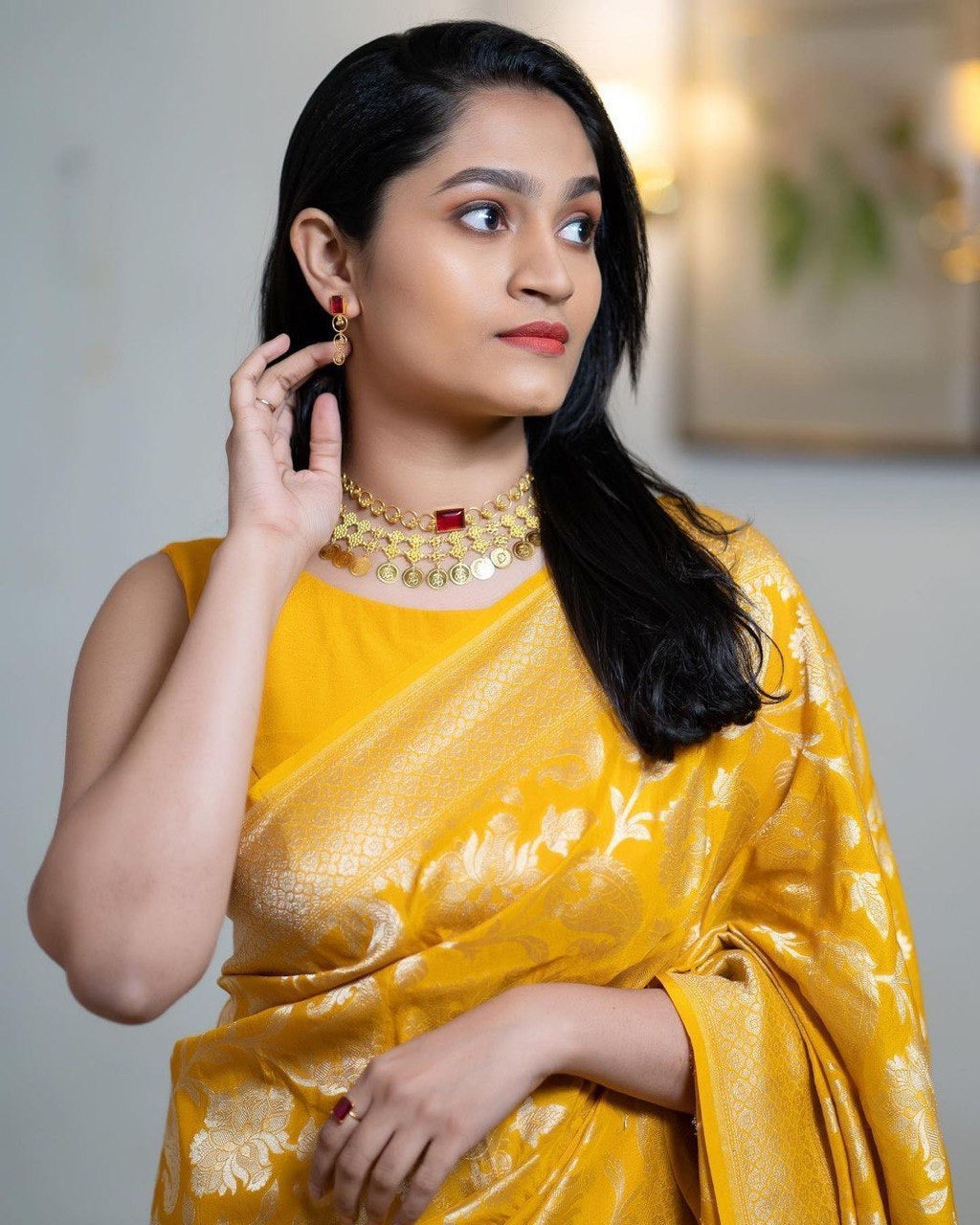 Sunshine Yellow Banarasi Silk Saree with Gold Floral Zari Weaving