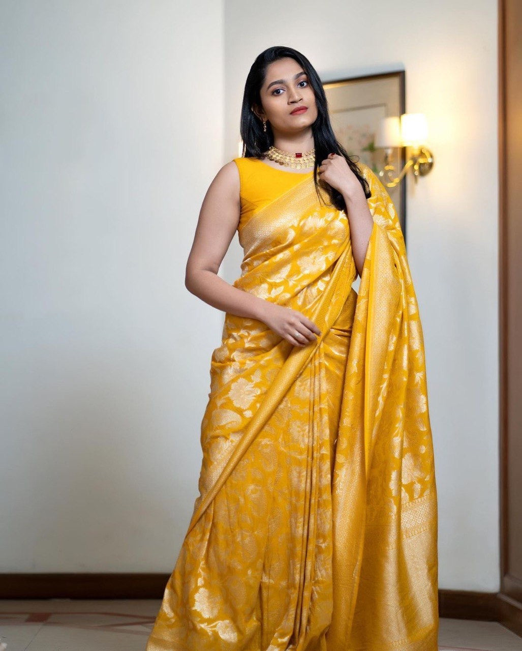 Sunshine Yellow Banarasi Silk Saree with Gold Floral Zari Weaving