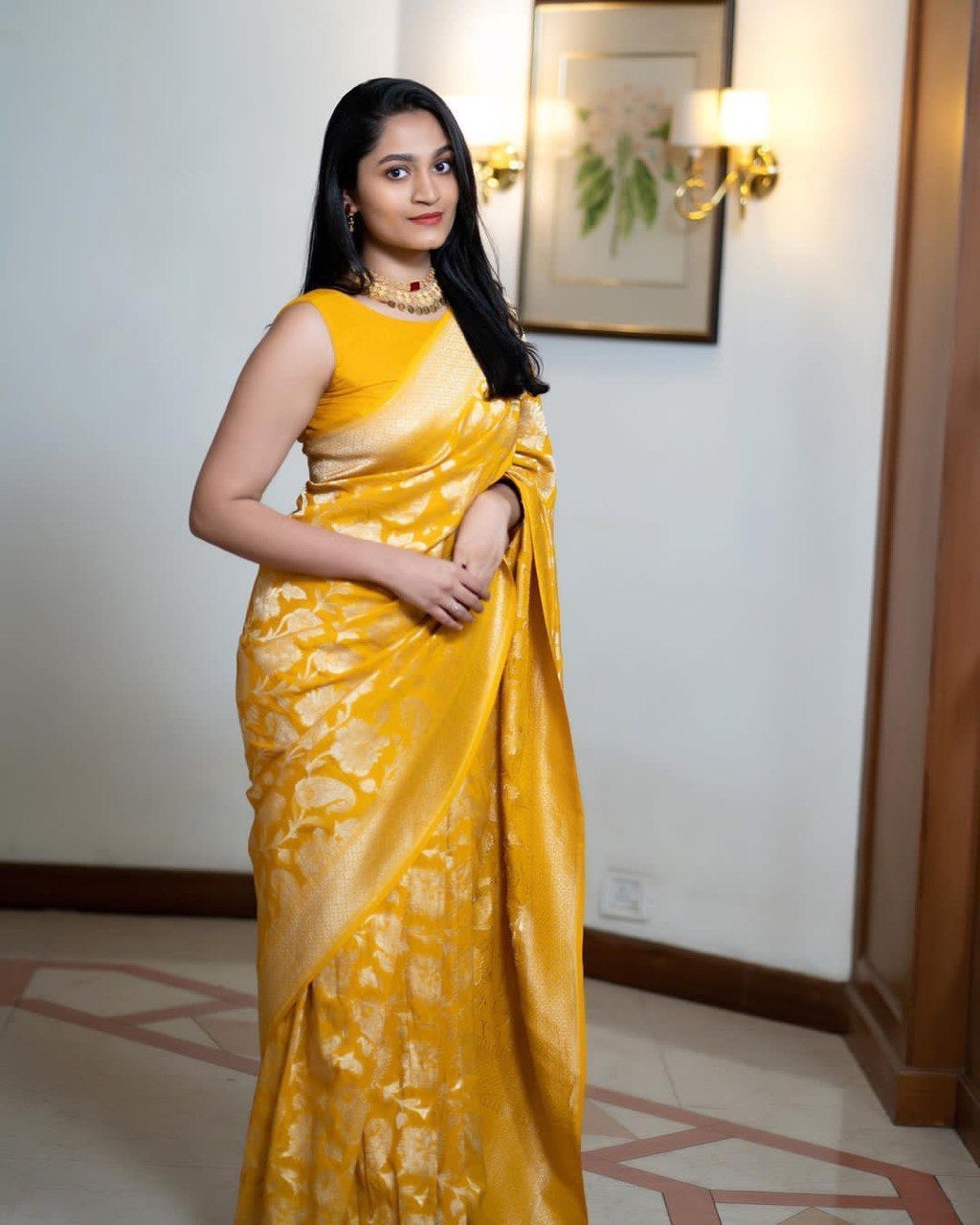 Sunshine Yellow Banarasi Silk Saree with Gold Floral Zari Weaving