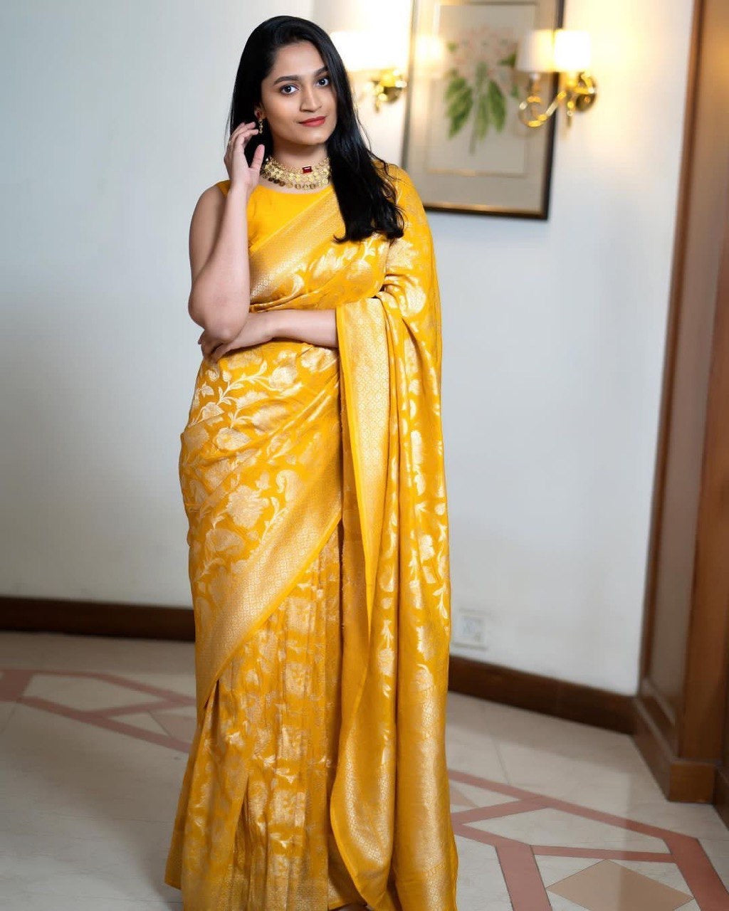 Sunshine Yellow Banarasi Silk Saree with Gold Floral Zari Weaving