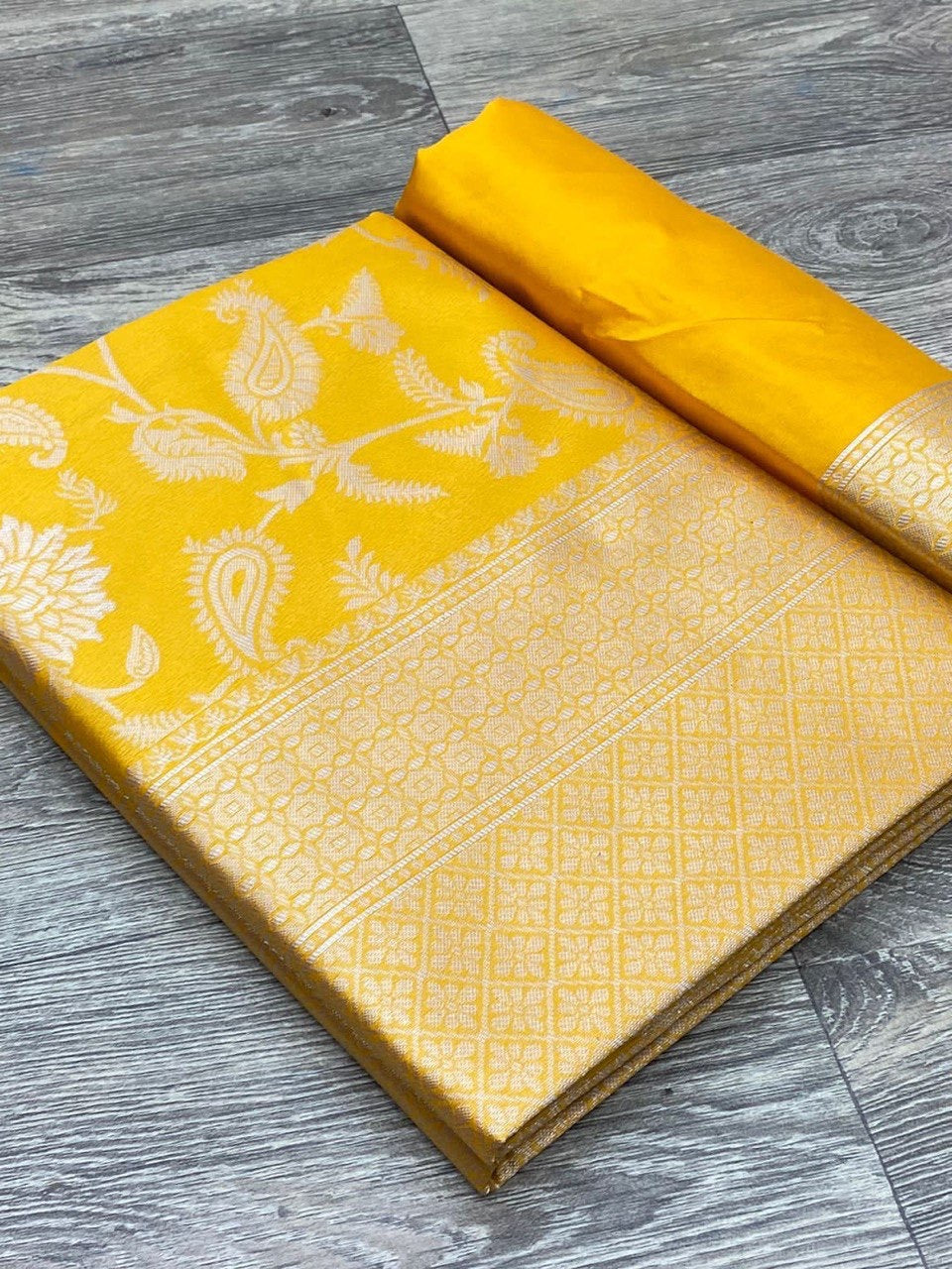 Sunshine Yellow Banarasi Silk Saree with Gold Floral Zari Weaving