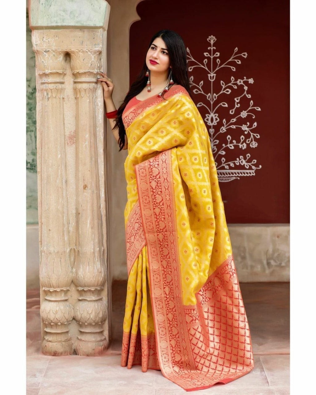 Mustard Yellow Patola Silk Saree with Contrast Coral Red Zari Border