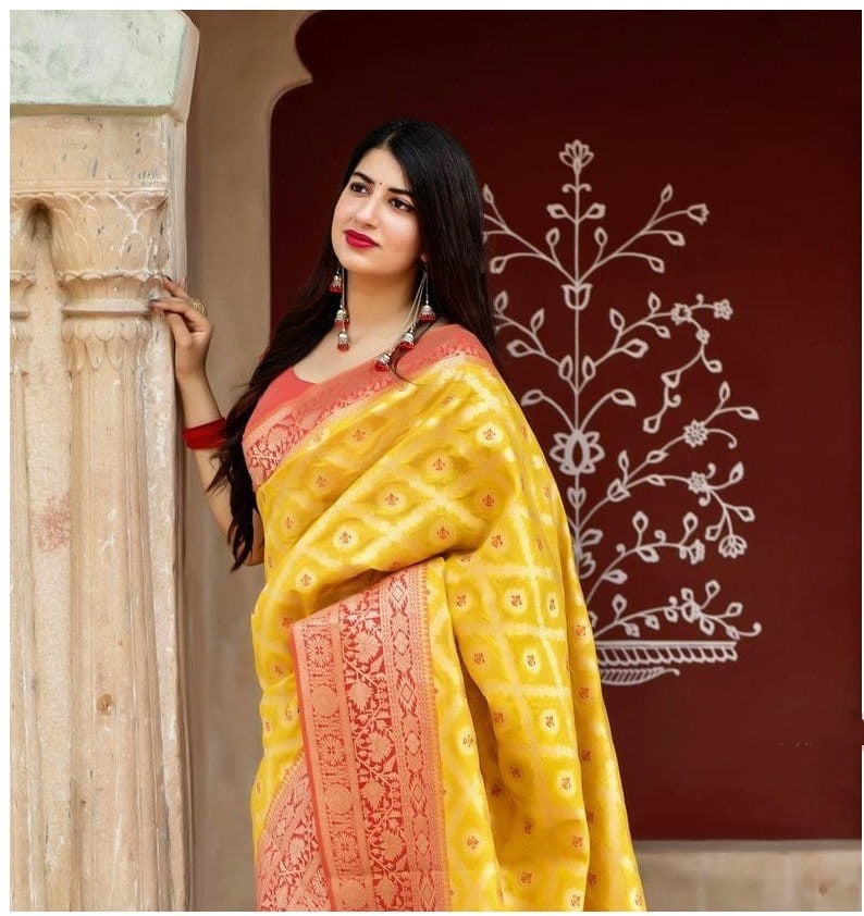 Mustard Yellow Patola Silk Saree with Contrast Coral Red Zari Border