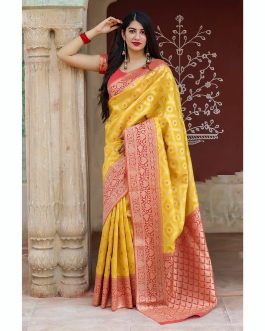 Mustard Yellow Patola Silk Saree with Contrast Coral Red Zari Border