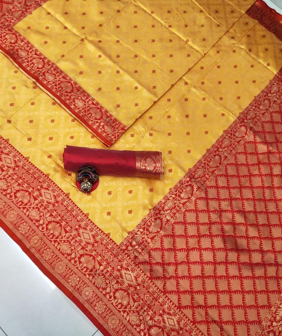 Mustard Yellow Patola Silk Saree with Contrast Coral Red Zari Border