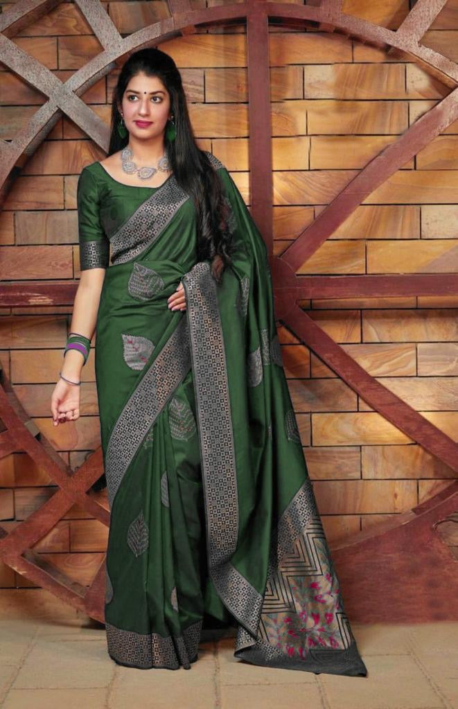 Elegant Soft Silk Saree with Silver Zari Leaf Motifs and Geometric Border