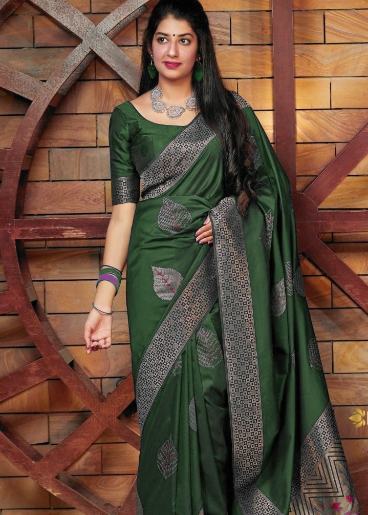 Elegant Soft Silk Saree with Silver Zari Leaf Motifs and Geometric Border