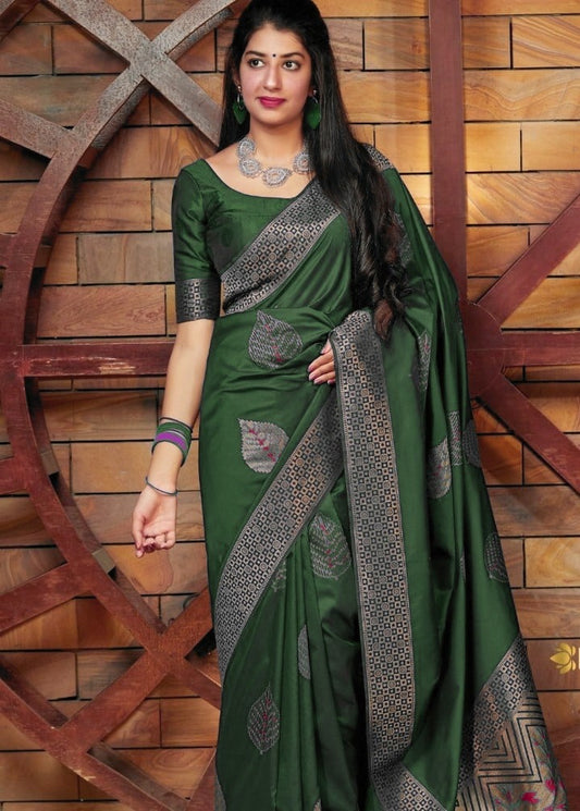 Elegant Soft Silk Saree with Silver Zari Leaf Motifs and Geometric Border