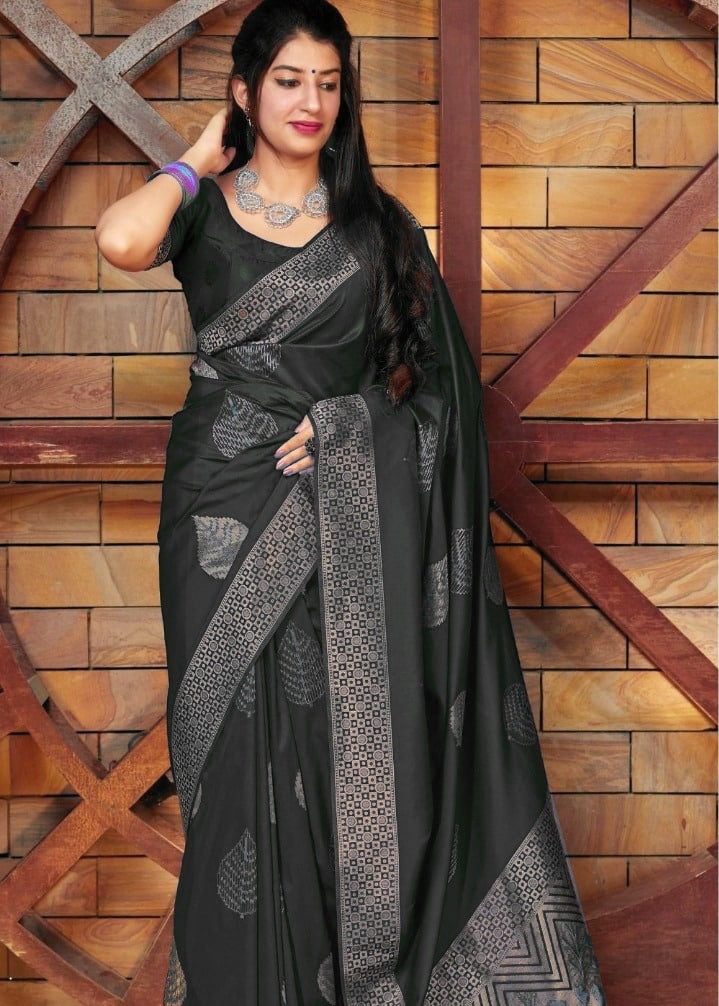 Elegant Soft Silk Saree with Silver Zari Leaf Motifs and Geometric Border