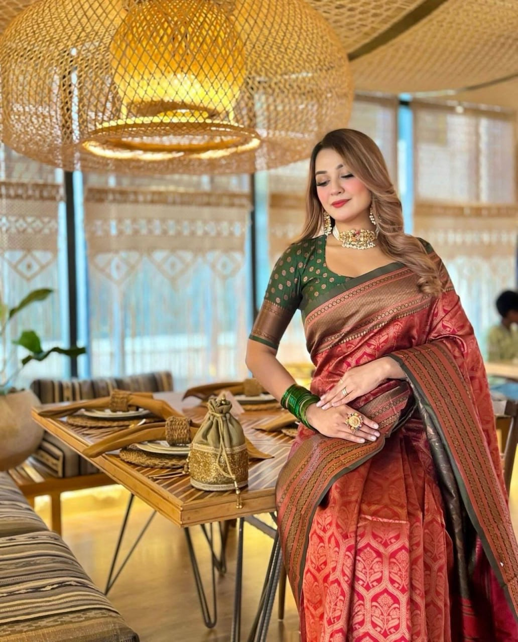 Majestic Maroon Banarasi Silk Saree with Intricate Zari Weave and Green Border