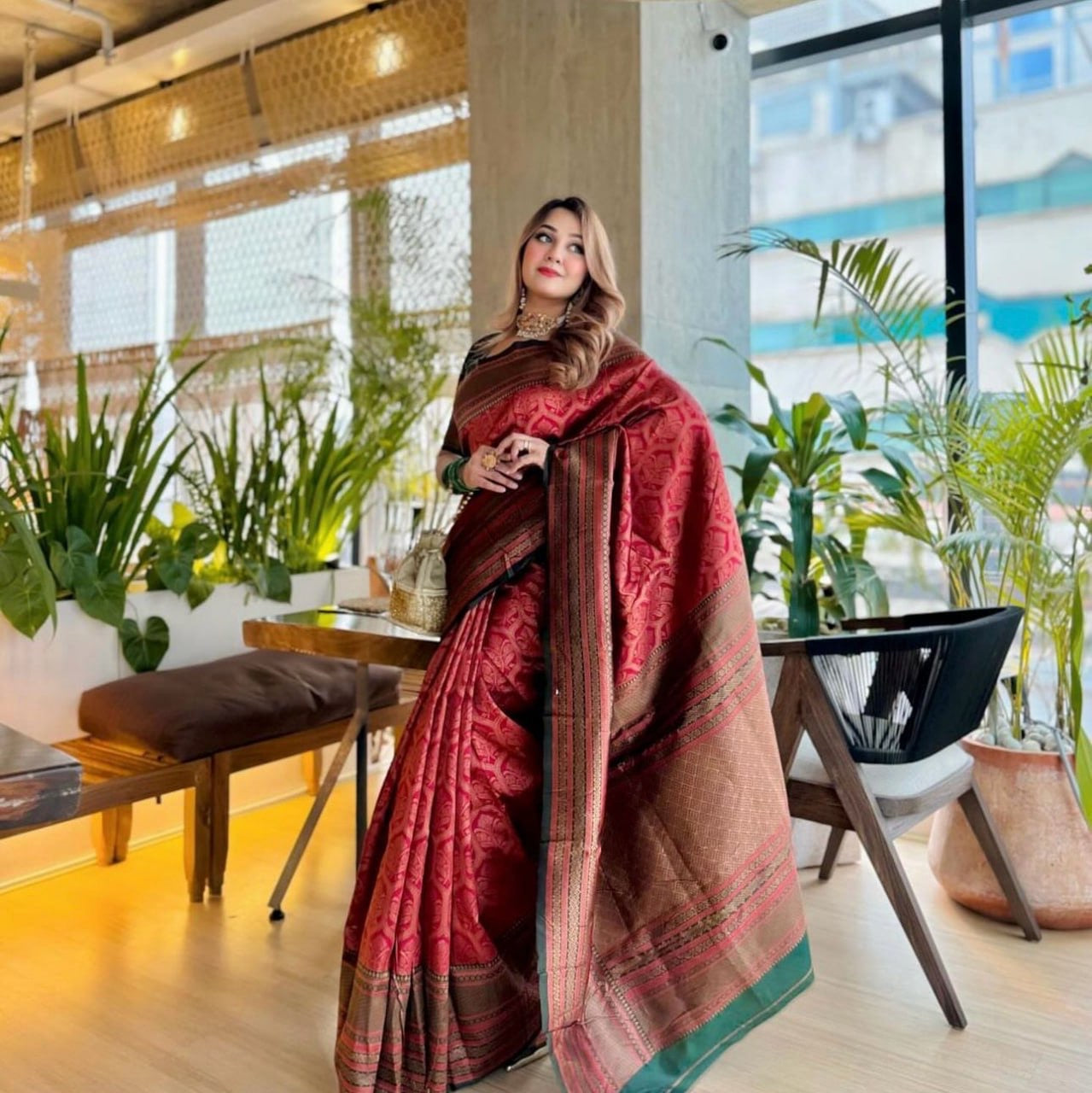 Majestic Maroon Banarasi Silk Saree with Intricate Zari Weave and Green Border