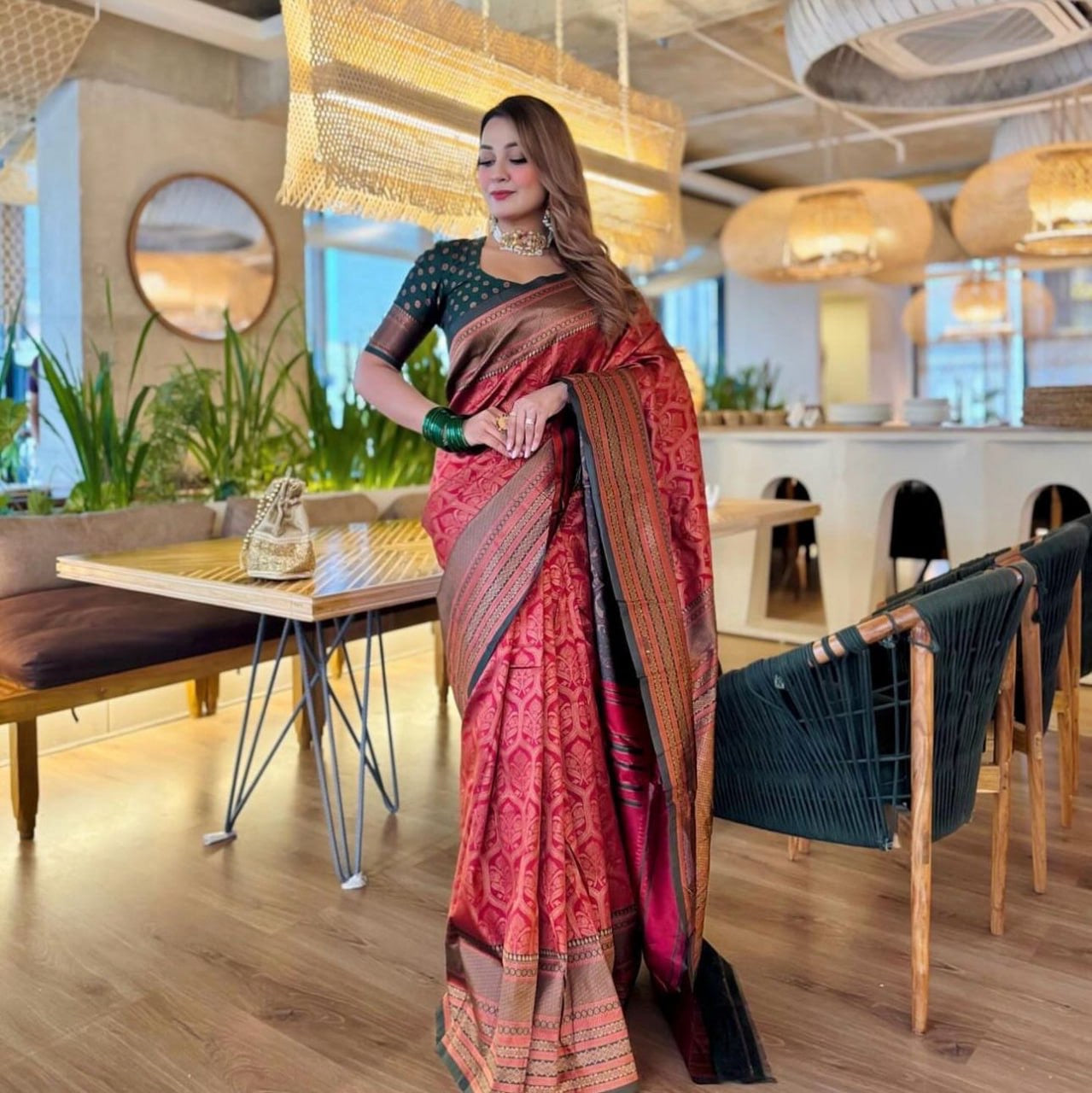 Majestic Maroon Banarasi Silk Saree with Intricate Zari Weave and Green Border