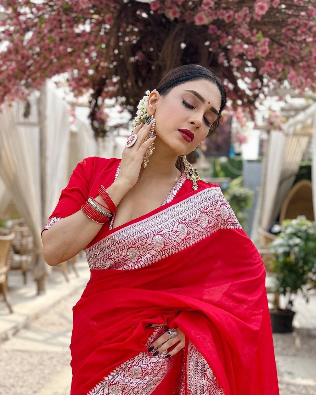 Radiant Red Saree with Silver Zari Embroidery