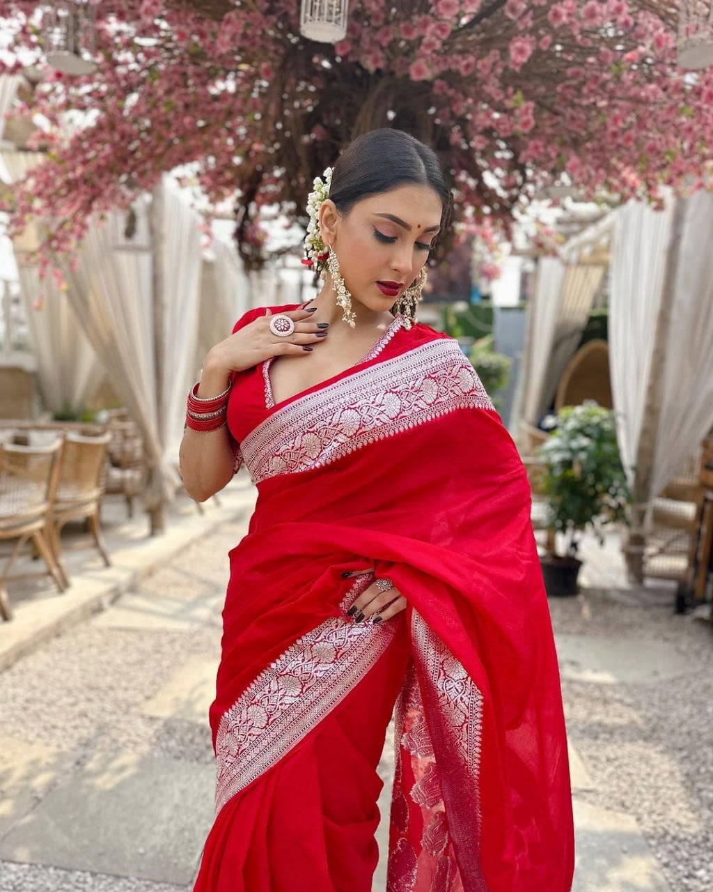 Radiant Red Saree with Silver Zari Embroidery