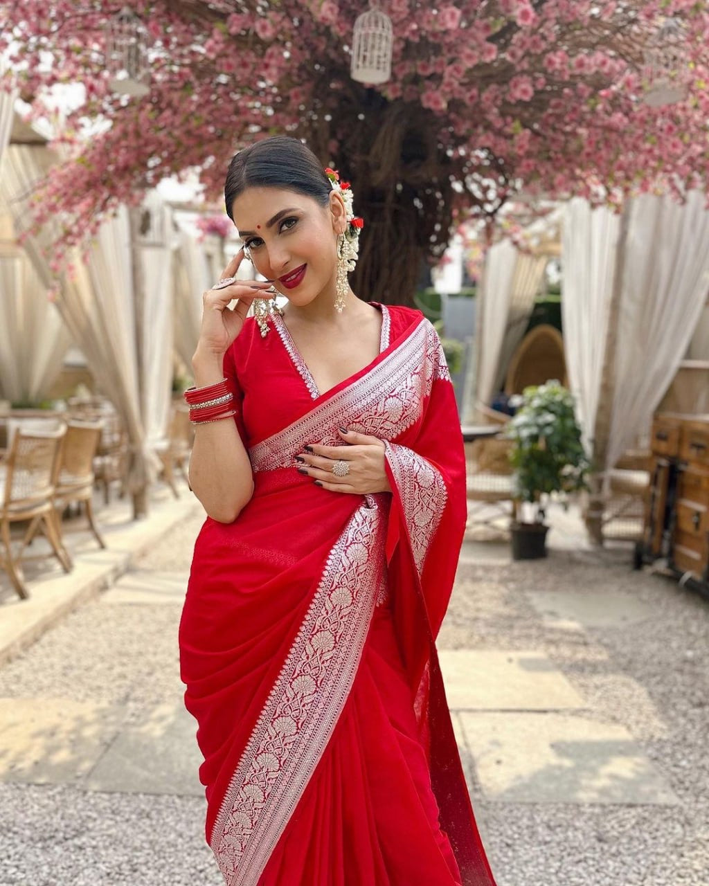 Radiant Red Saree with Silver Zari Embroidery