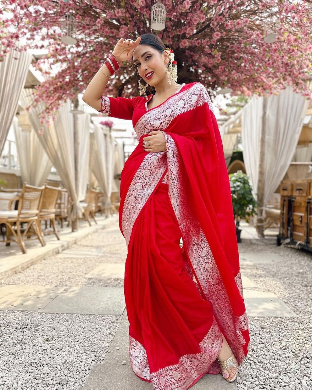 Radiant Red Saree with Silver Zari Embroidery
