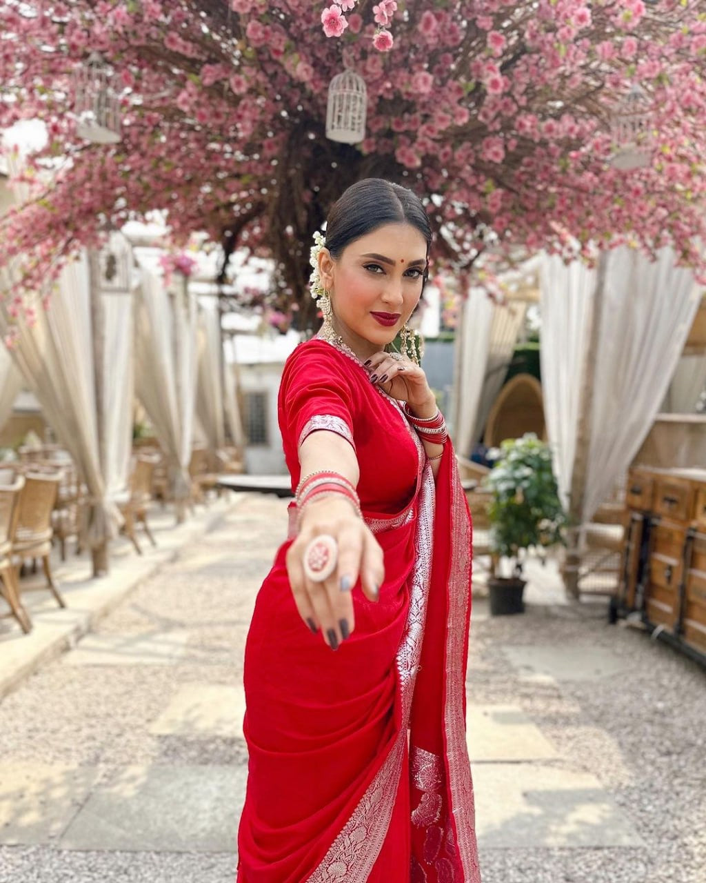 Radiant Red Saree with Silver Zari Embroidery
