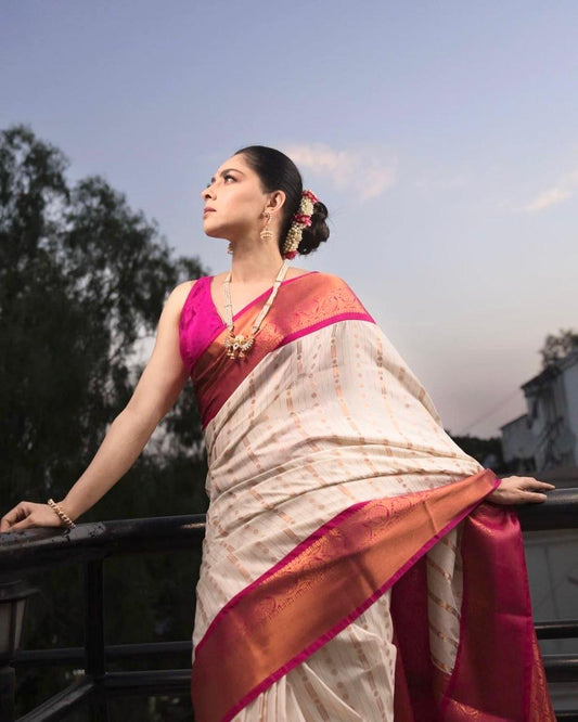 Royal Cream & Maroon Kanjivaram Silk Saree with Golden Zari