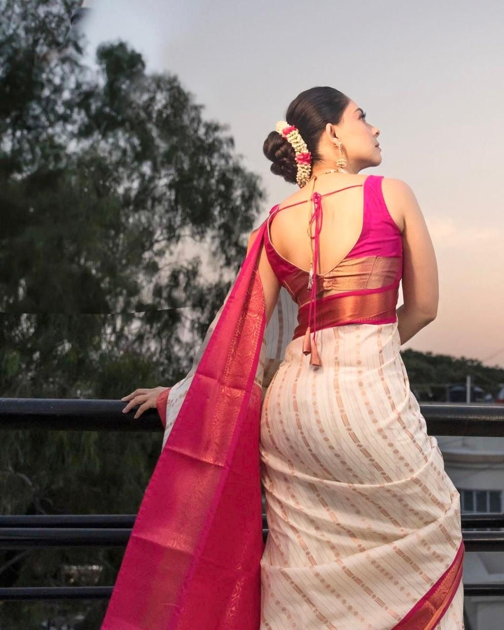 Royal Cream & Maroon Kanjivaram Silk Saree with Golden Zari