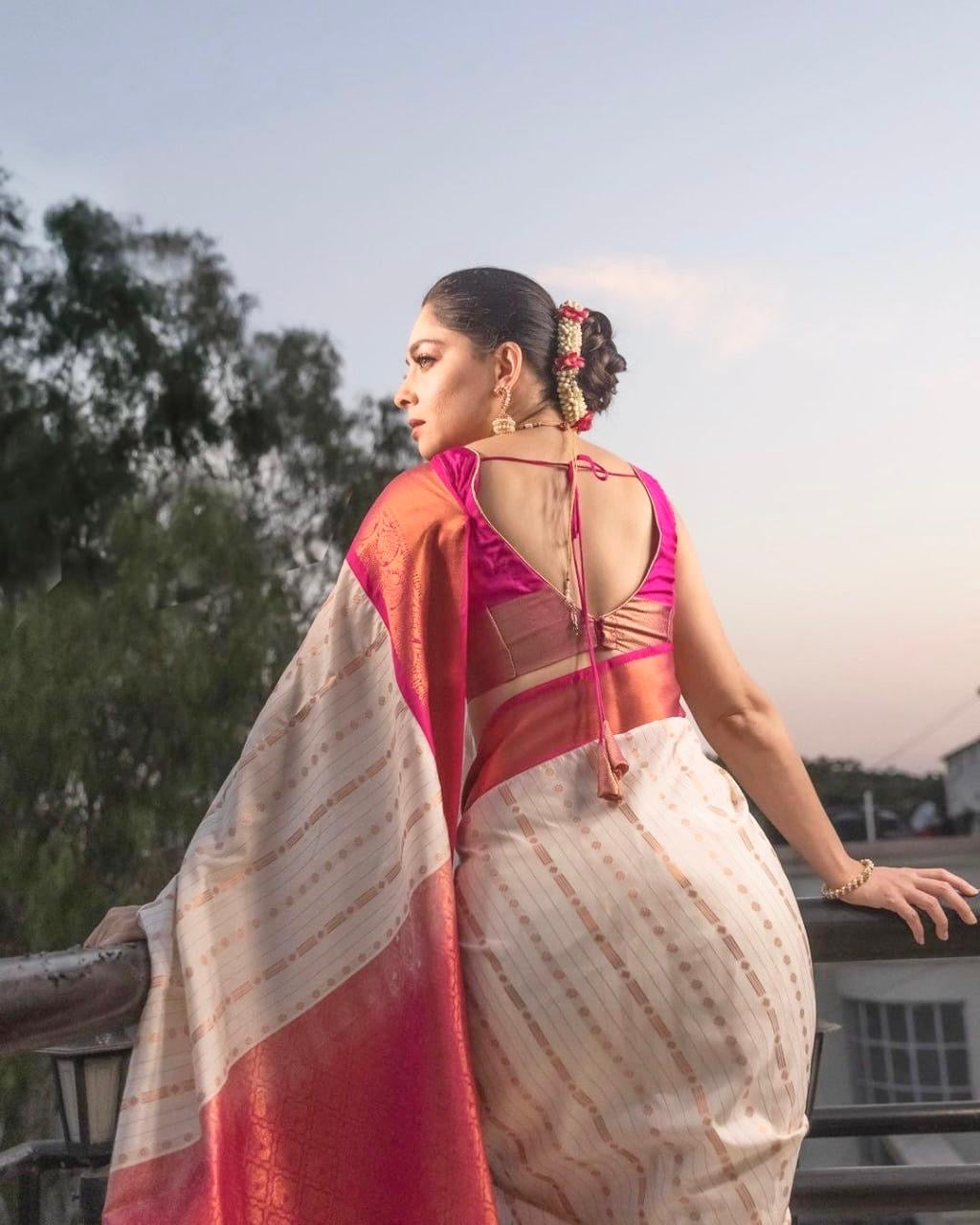 Royal Cream & Maroon Kanjivaram Silk Saree with Golden Zari