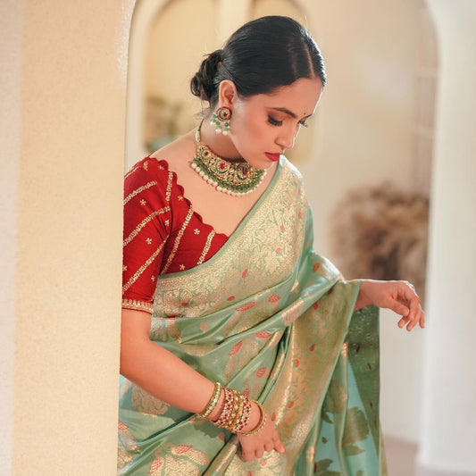 Sea Green Banarasi Silk Saree with Peach Zari Buttas & Floral Border