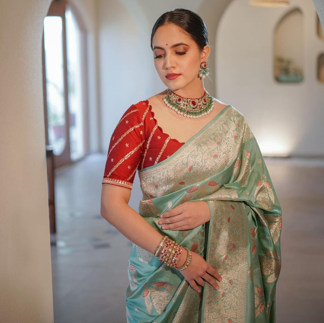 Sea Green Banarasi Silk Saree with Peach Zari Buttas & Floral Border