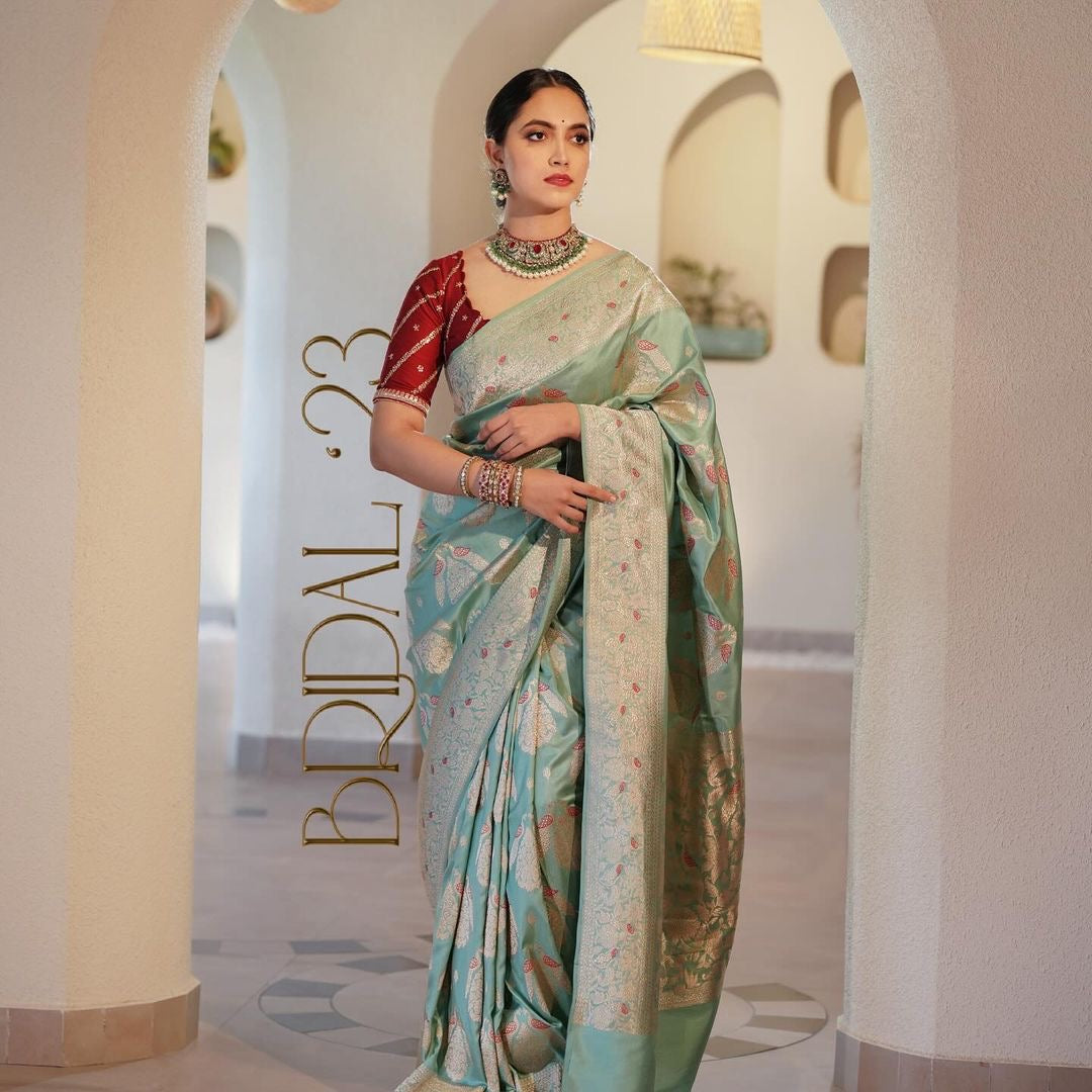 Sea Green Banarasi Silk Saree with Peach Zari Buttas & Floral Border