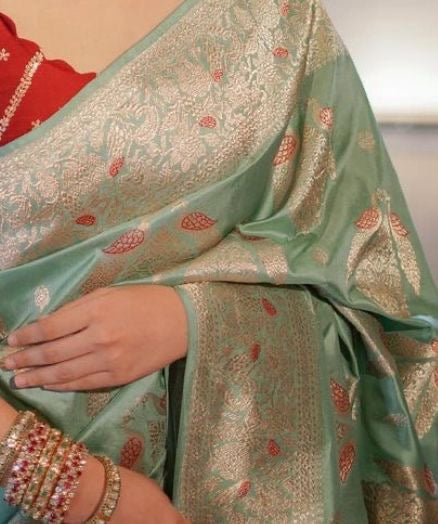 Sea Green Banarasi Silk Saree with Peach Zari Buttas & Floral Border