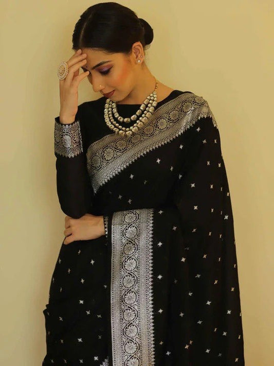 Elegant Black Saree with Intricate Silver Zari Work
