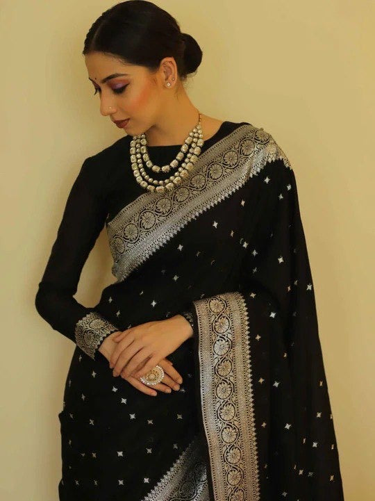 Elegant Black Saree with Intricate Silver Zari Work