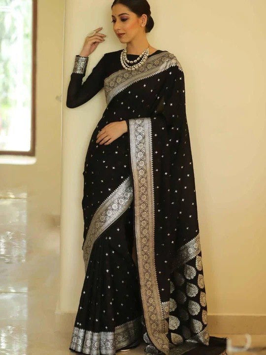 Elegant Black Saree with Intricate Silver Zari Work
