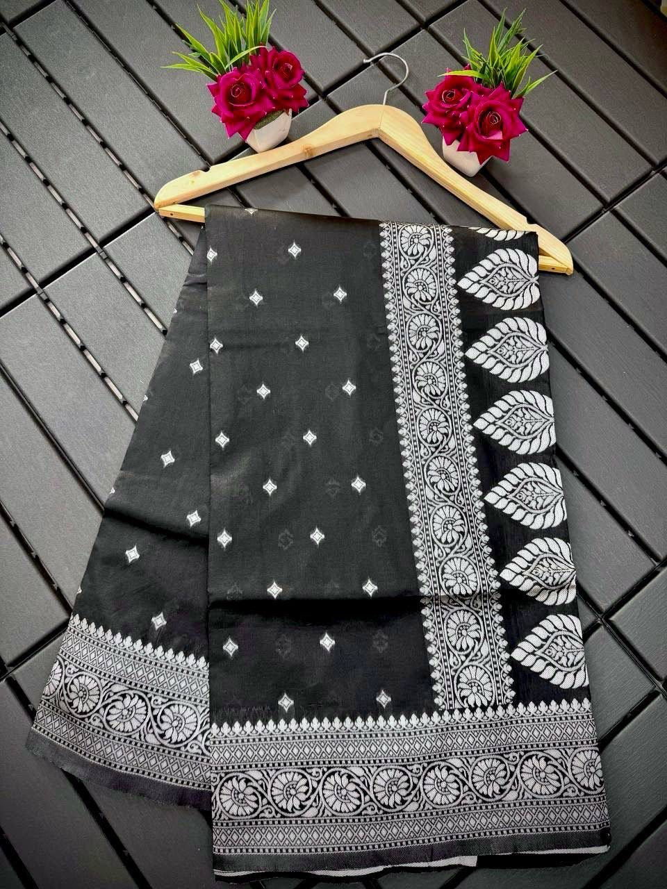 Elegant Black Saree with Intricate Silver Zari Work