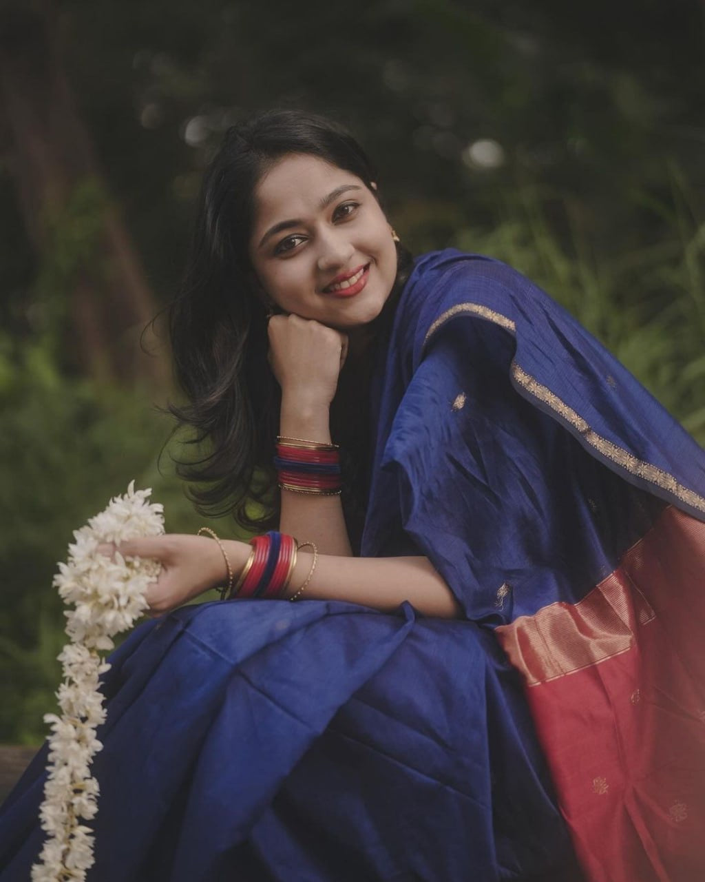 Elegant Navy Blue & Red Silk Saree with Golden Zari Border