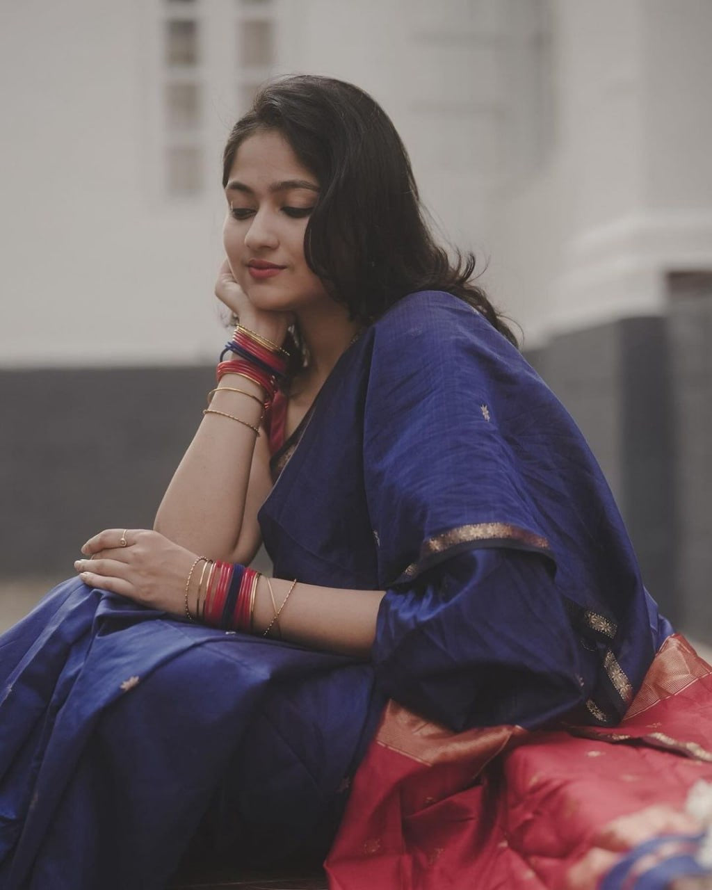 Elegant Navy Blue & Red Silk Saree with Golden Zari Border