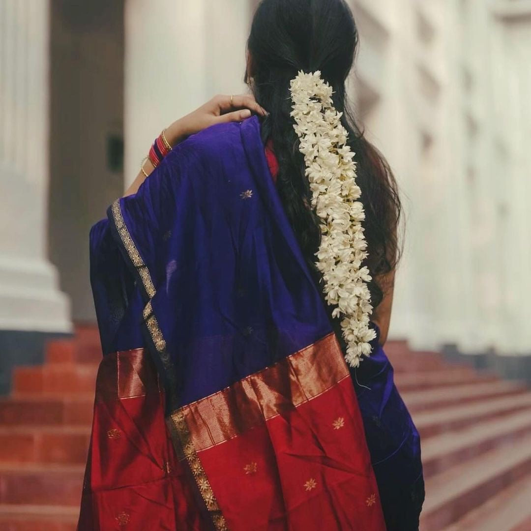Elegant Navy Blue & Red Silk Saree with Golden Zari Border
