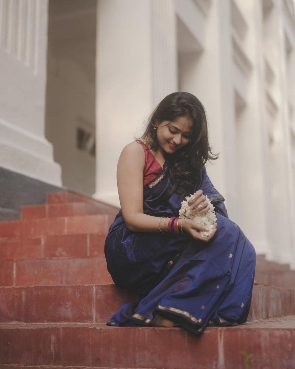 Elegant Navy Blue & Red Silk Saree with Golden Zari Border