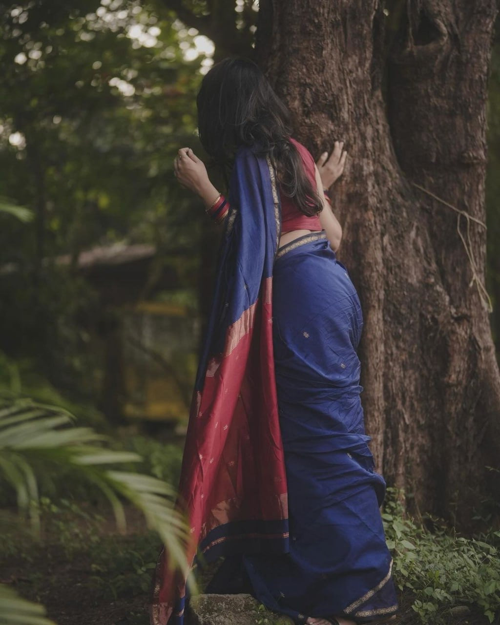 Elegant Navy Blue & Red Silk Saree with Golden Zari Border