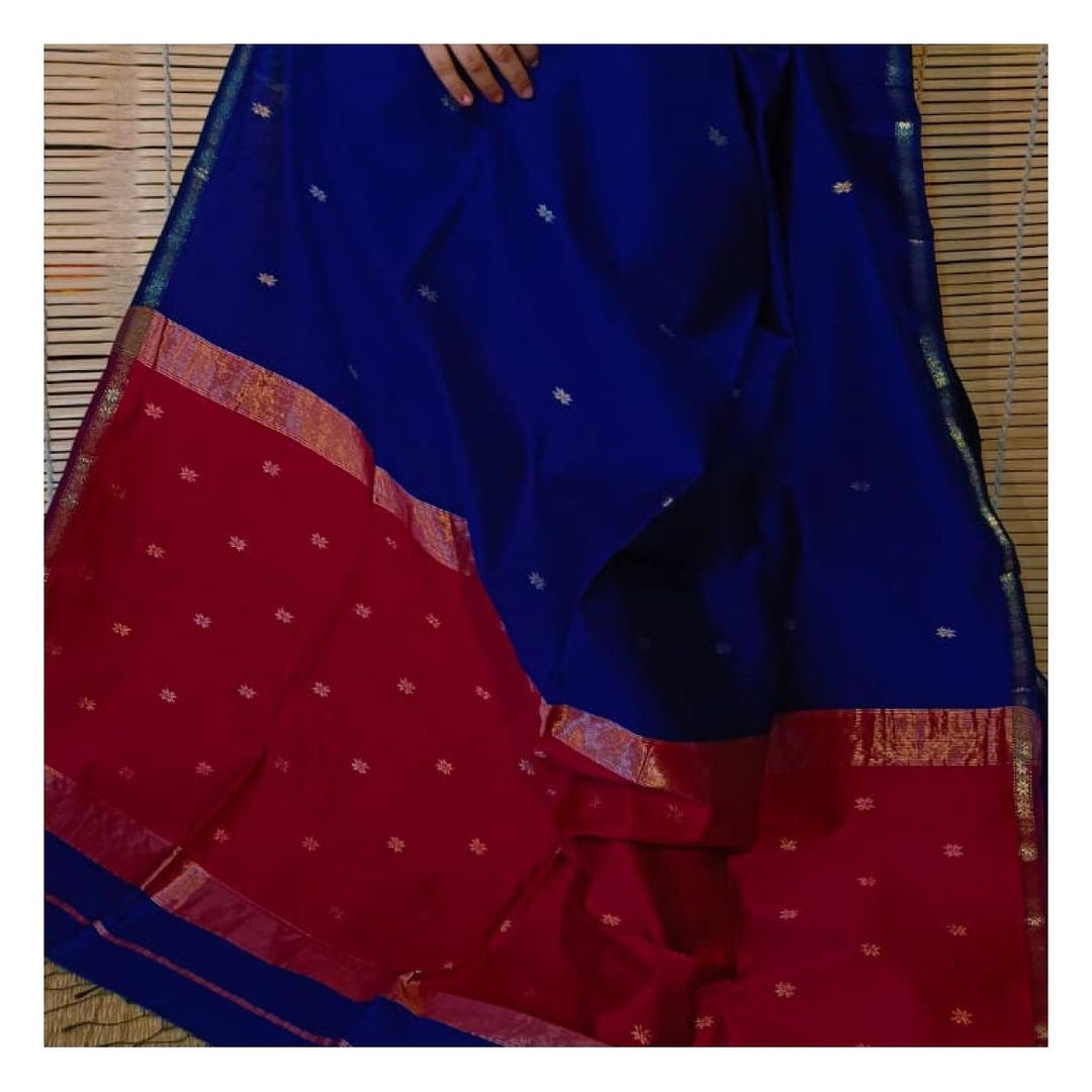 Elegant Navy Blue & Red Silk Saree with Golden Zari Border