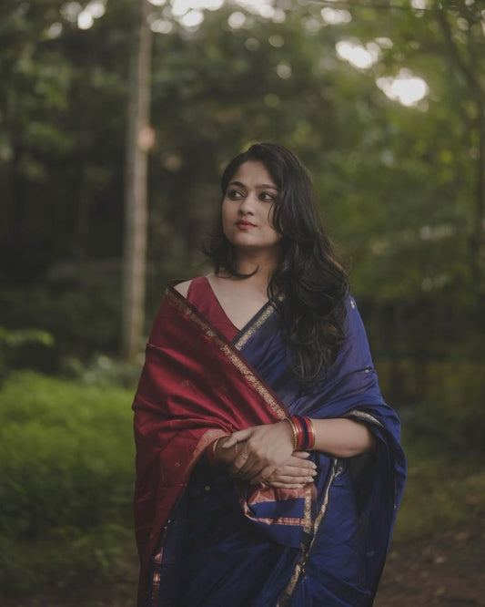 Elegant Navy Blue & Red Silk Saree with Golden Zari Border