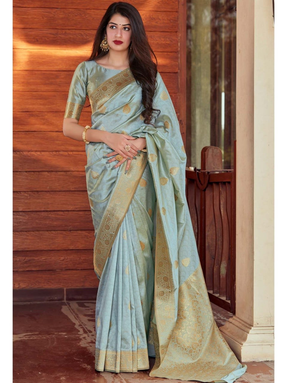 Sea Green Banarasi Silk Saree with Golden Zari Work