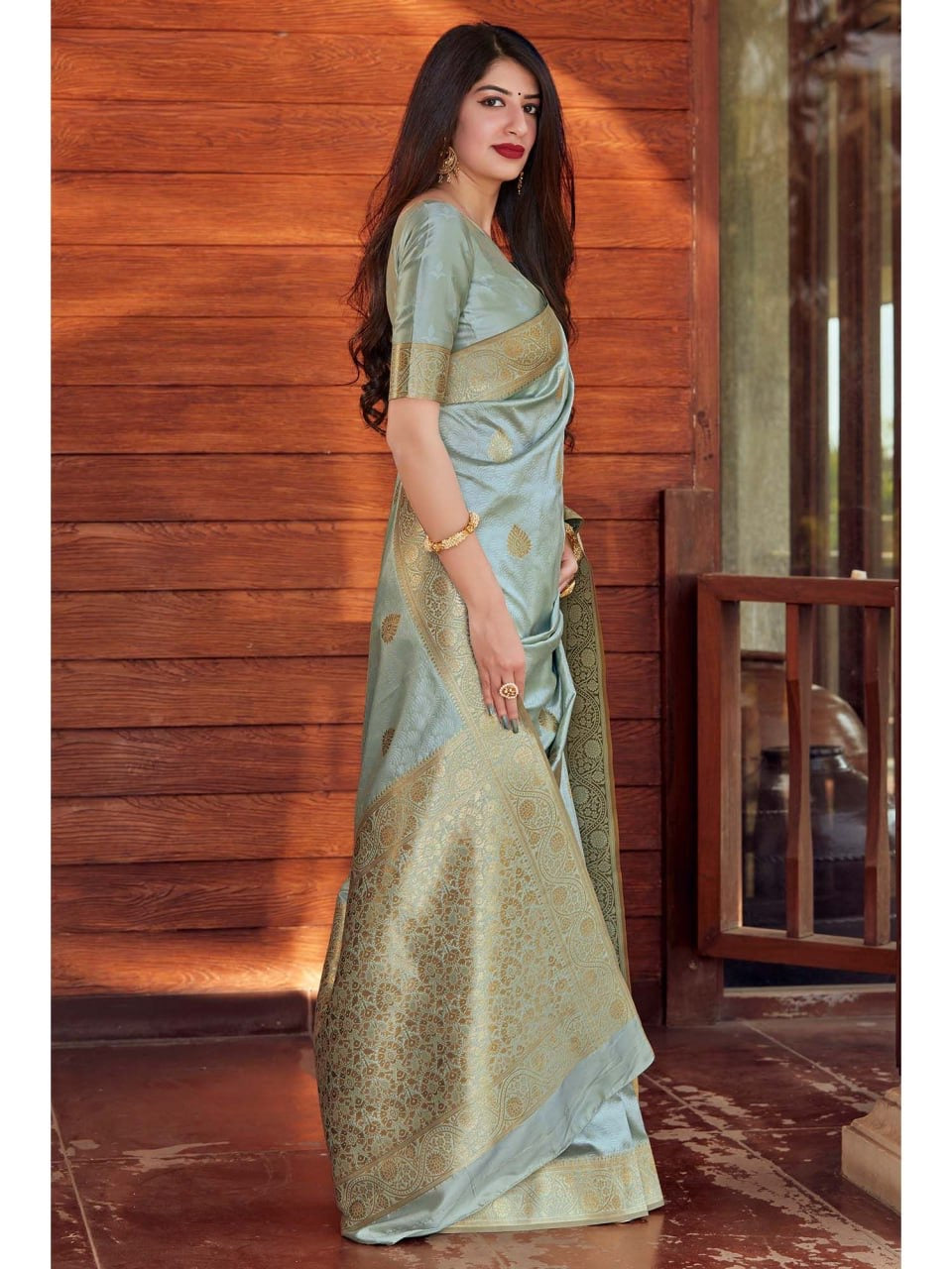 Sea Green Banarasi Silk Saree with Golden Zari Work