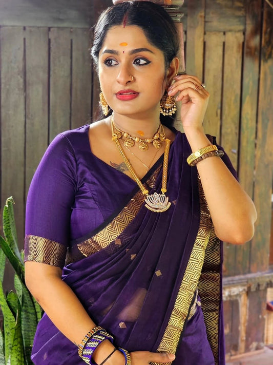 Royal Purple Kanchipuram Silk Saree with Golden Zari Border