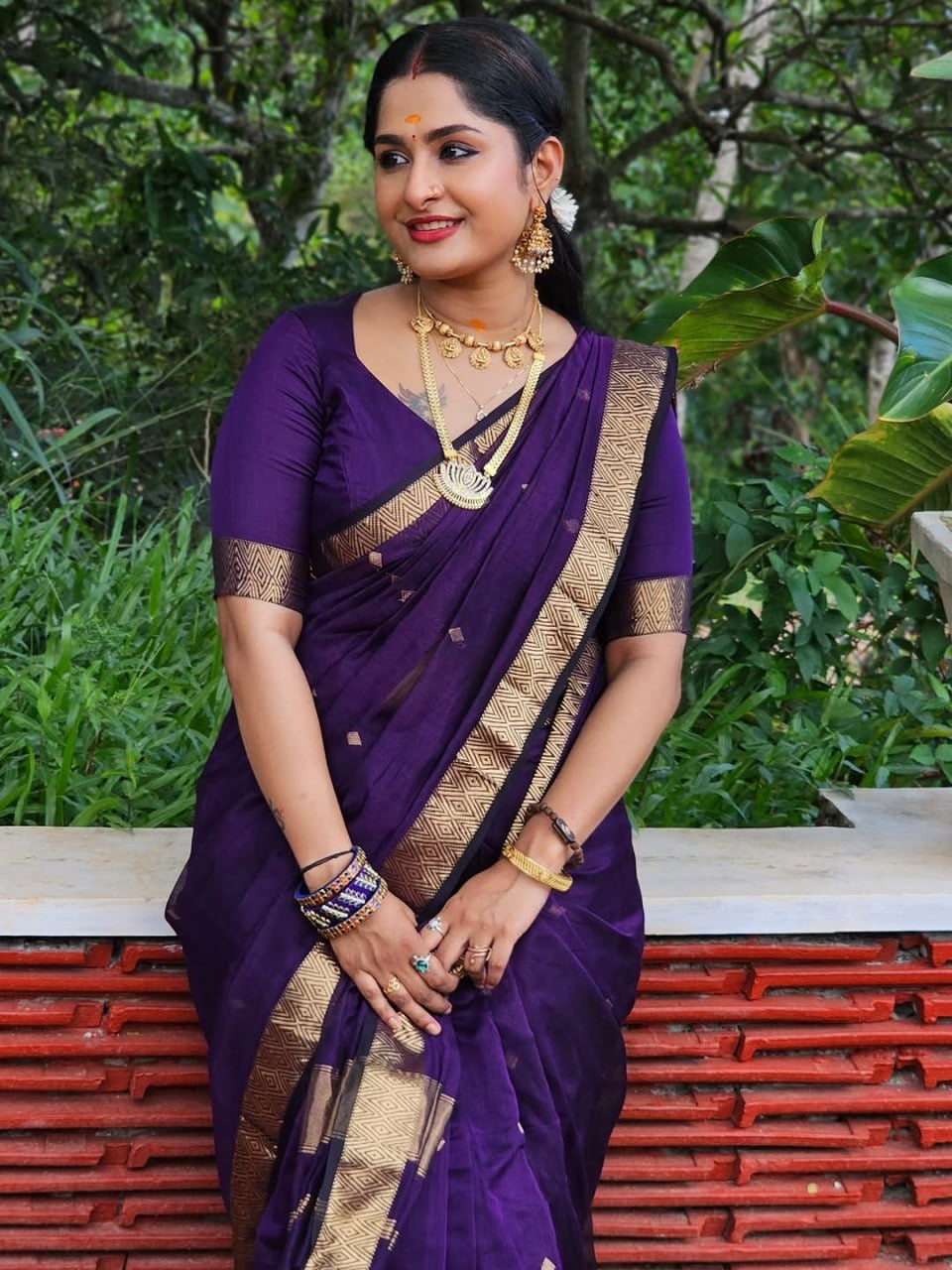 Royal Purple Kanchipuram Silk Saree with Golden Zari Border