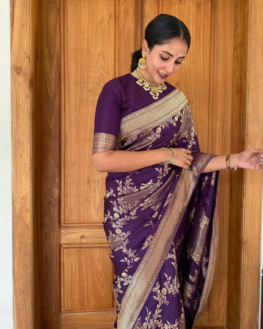 Regal Purple Banarasi Silk Saree with Golden Floral Zari Work