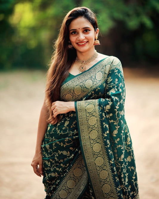 Emerald Green Banarasi Silk Saree with Golden Floral Zari Weaving