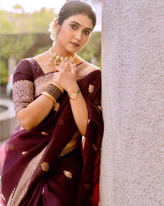 Wine Maroon Banarasi Silk Saree with Antique Golden Zari Work